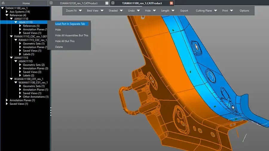 user interface of Kubotek Kosmos View, a CAD viewer and MBD file utility