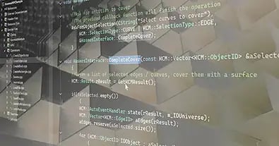 photo illustration showing KCM markup language that is part of the Kubotek Kosmos 3D Framework kernel and software development kit (SDK)
