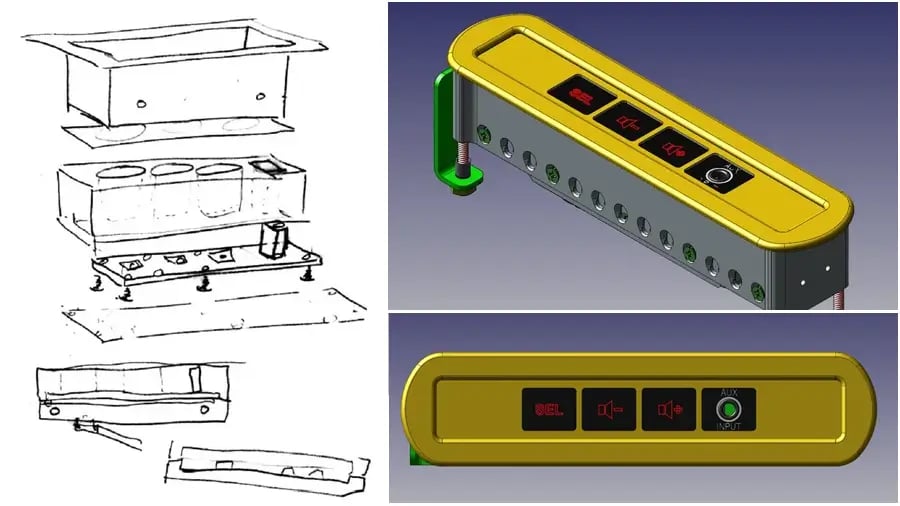 Composite image showing a hand-drawn sketch of an initial CAD design concept in relation to the completed 3D model it was used to create
