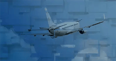 photo illustration of a commerical airliner in flight with clouds and sky in the background