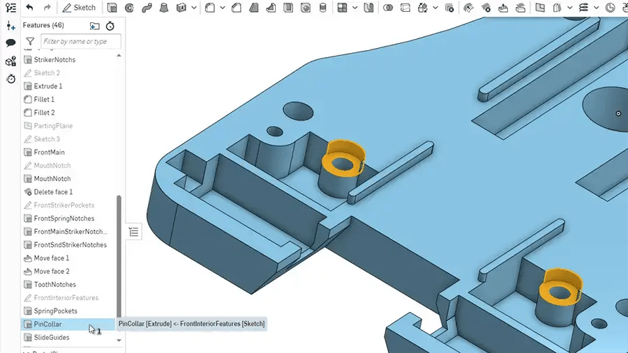 Inset from a screen grab of parametric CAD software showing the history tree, or feature tree, functionality on the left edge of the interface