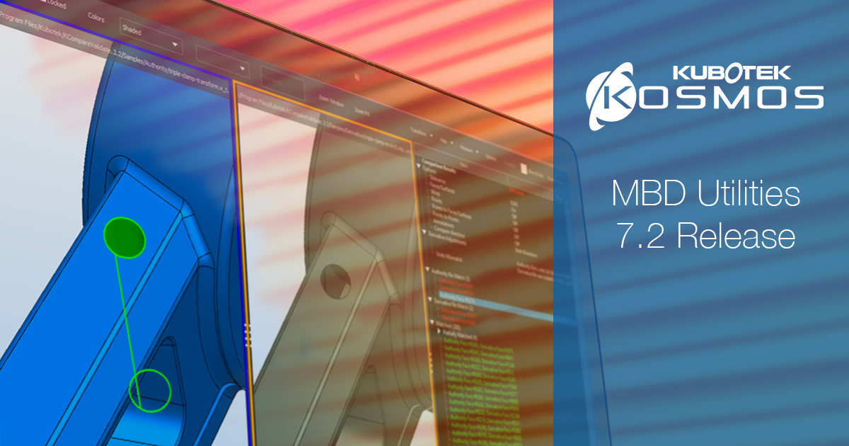 User interface of Kubotek Kosmos Revision MBD file utility software with a graphic announcing 7.2 version release