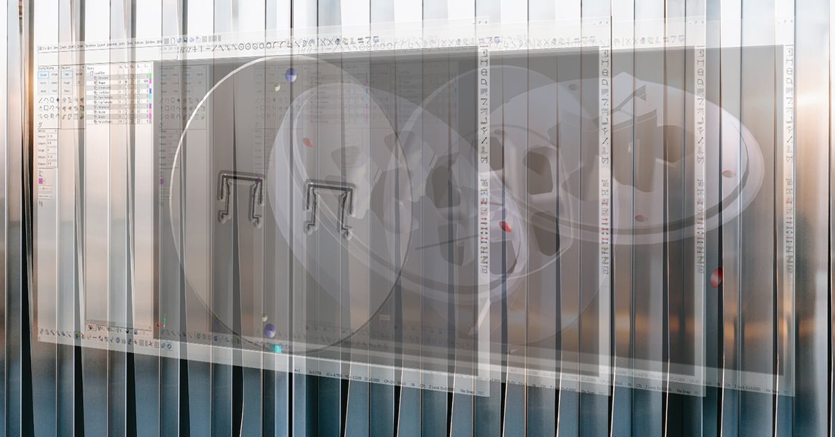 A photo illustration showing several instances of the KeyCreator CAD user interface with a manufacturing-related 3D model visible