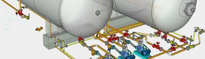 Inset from a CAD model created in KeyCreator CAD showing a system of tanks, pipes, and valves