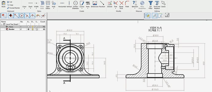 KeyCreator Drafting user interface showing process of converting 3D CAD model to 2D drawing