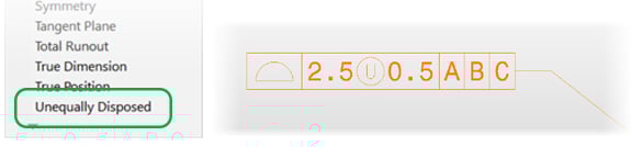 inset from KeyCreator 2024 CAD user interface showing the Unequally Disposed tolerance symbol