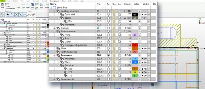 Photo illustration highlighting the Level Tree content organization feature of KeyCreator Drafting 2D CAD software by Kubotek Kosmos