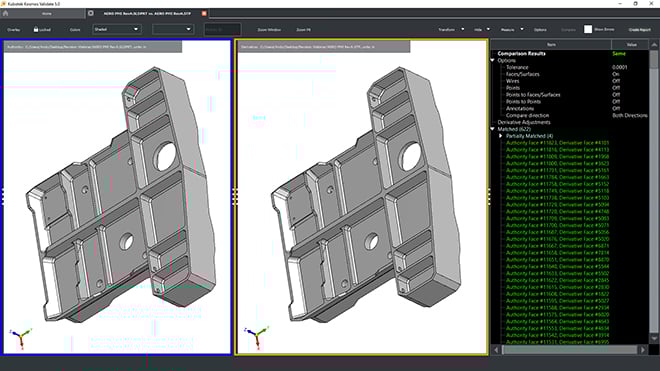User interface of Kubotek Kosmos Validate software, showing it's functionality of full face-to-face comparison when evaluating 3D solid CAD models for model-based definition (MBD) workflows