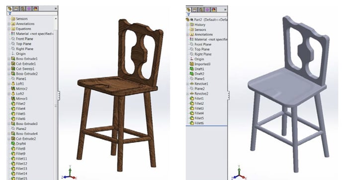 Composite image showing two CAD screen captures of a chair design taken from a paper by Holly K. Ault, Ph.D., "New Directions in Solid Modeling: What Direct Modeling Means for CAD Educators"