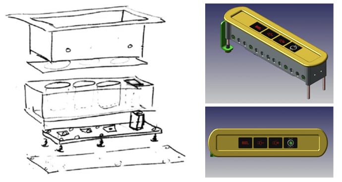 Composite image showing a hand-drawn sketch in relation to the completed 3D model based on it, as created in KeyCreator CAD