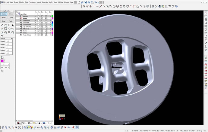Screen capture of KeyCreator CAD software with an extrusion die model visible in the viewport