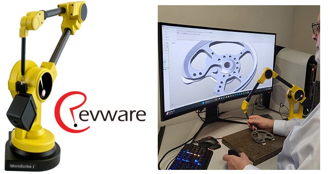 photo of the Revware MicroScribe CMM device alongside an image of a user accessing the new integration with KeyCreator added to KeyCreator 2025