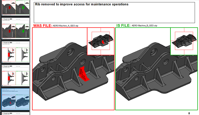 Screen capture of user interface of Kubotek Kosmos Revision software, showing a sample page from an automated engineering change report highlighting the results of a precise 3D data comparison as part of a model-based definition (MBD) workflow