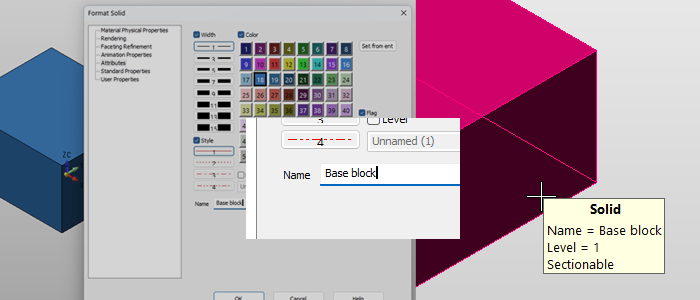 inset from KeyCreator 2026 CAD user interface showing the newly added Edit Entity Name feature within a dialoge box