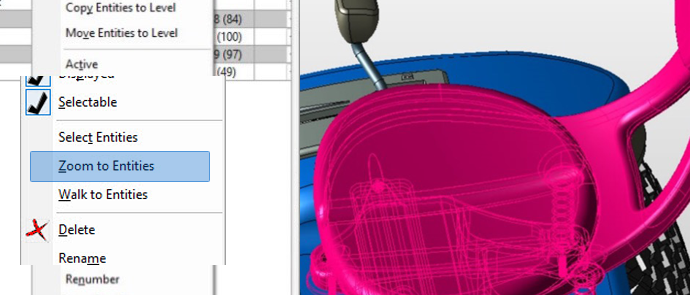inset from KeyCreator 2026 CAD user interface showing the newly added Zoom to Entity option in the context menu