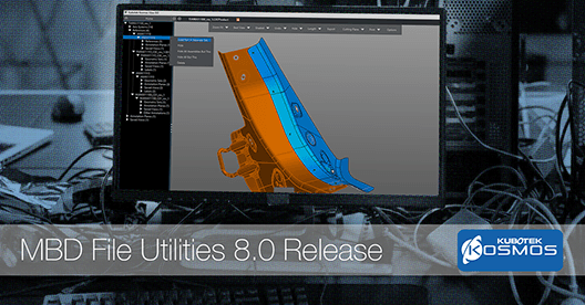 photo illustration showing the user interface from the 8.0 release of the Kubotek Kosmos MBD file utilities software