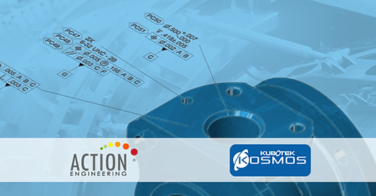 photo illustration depicting a manufactured part containing PMI annotations as part of an MBD workflow used as a graphic to announce collaboration between Action Engineering and Kubotek Kosmos