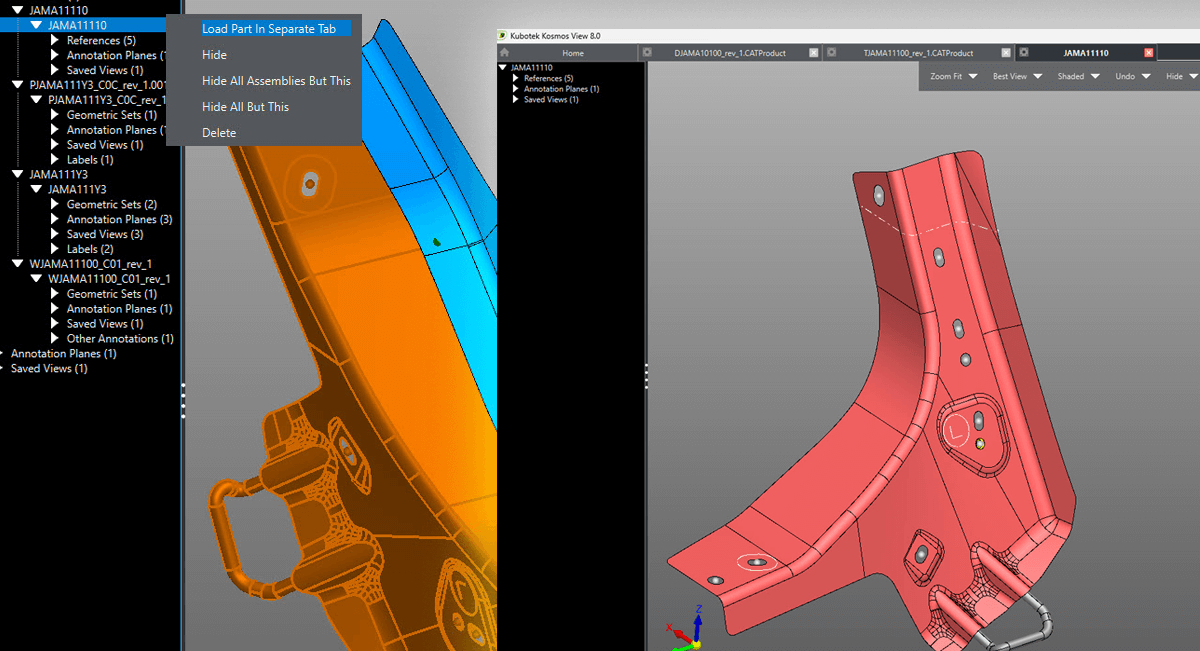Inset from user interface of Kubotek Kosmos VIEW MBD file utility showing the updated options for viewing assemblies included in the 8.0 software release