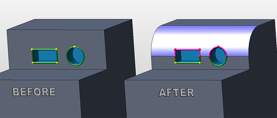 Illustration of newly created entities after a blend is performed on a 3D CAD solid model, showing the Kubotek Kosmos software development kit 8.0 release ability to retain persistent identifiers even after new entity creation
