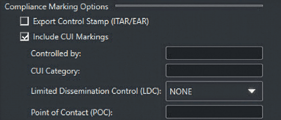 inset from user interface of Kubotek Kosmos Validate 8.0 release showing the options to include Controlled Unclassified Information (CUI) markings in the software's report