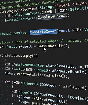 inset of the KCM coding language, proprietary to software developed on the Kubotek Kosmos geometry kernel