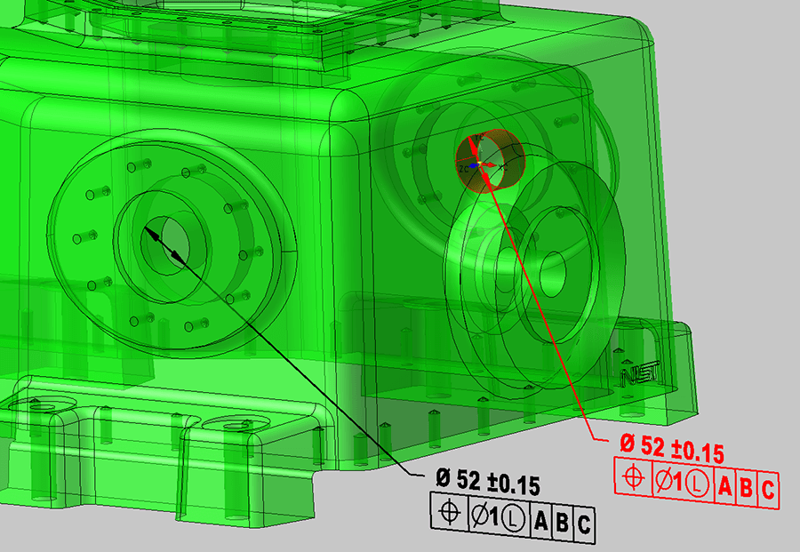 3D CAD model with PMI annotations, showing new capacity of the Kubotek Kosmos software development kit 8.0 release to clone annotations between repeated common features such as holes