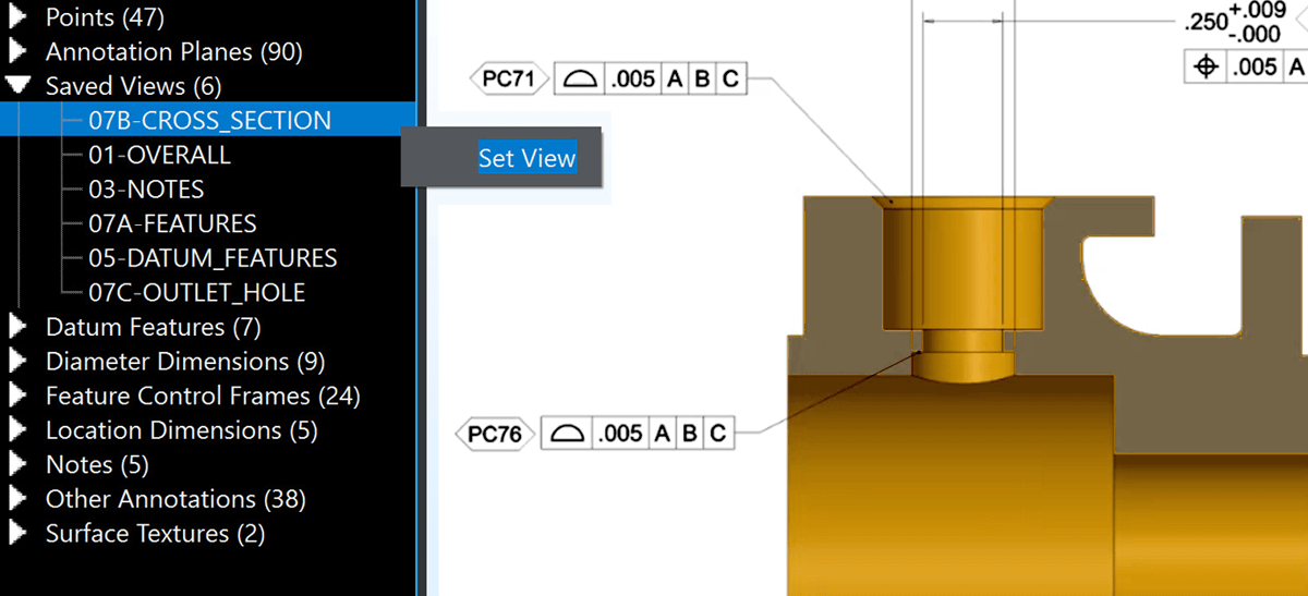 Inset from user interface of Kubotek Kosmos MBD Utilities showing new saved section view feature incorporated into 8.0 release to further aid in adoption of model-based practices