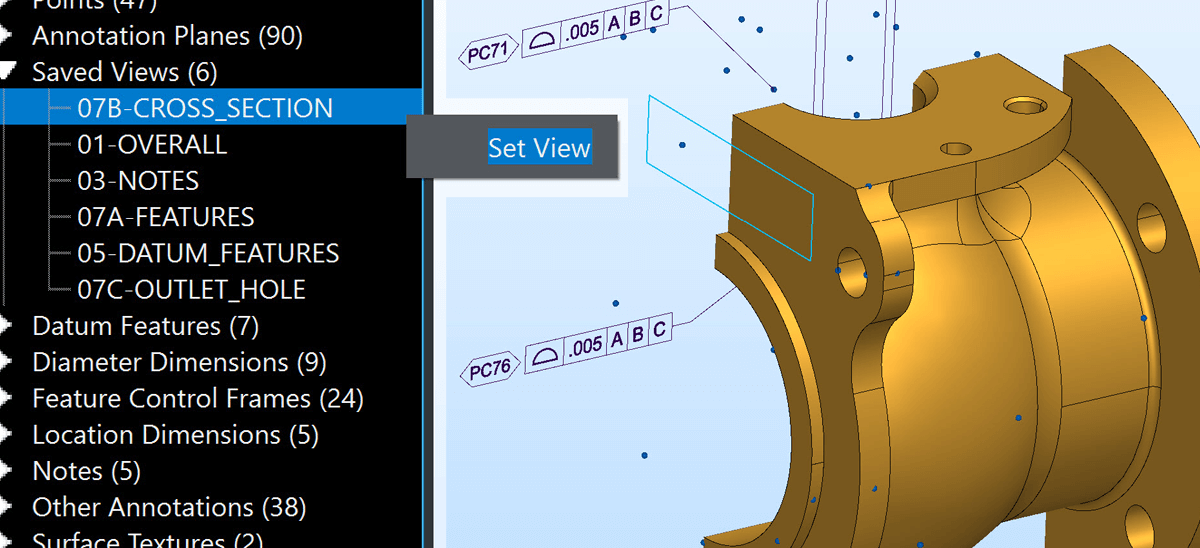Inset from user interface of Kubotek Kosmos MBD Utilities showing new saved section view feature incorporated into 8.0 release to further aid in adoption of model-based practices