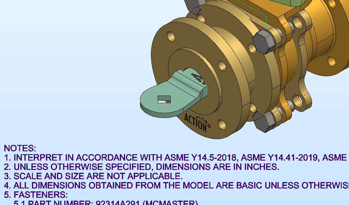 Inset from user interface of Kubotek Kosmos MBD File Utilities showing the Screen Facing Objects feature included in the 8.0 release, which correctly displays PMI Annotations to viewer regardless of model orientation.
