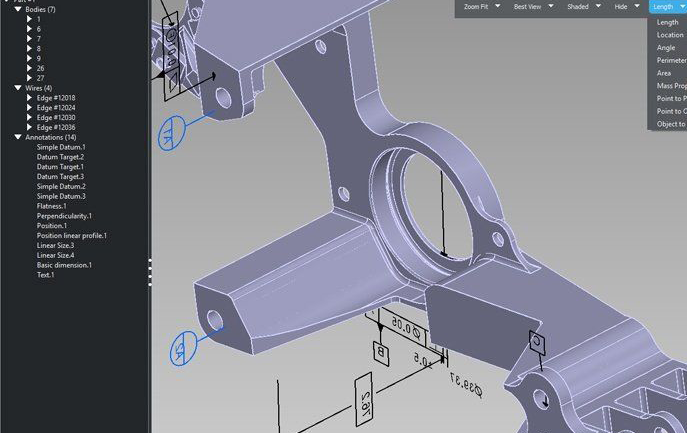 inset from user interface Kubotek Kosmos View MBD File Utility showing a precision manufactured aerospace part with PMI annotations