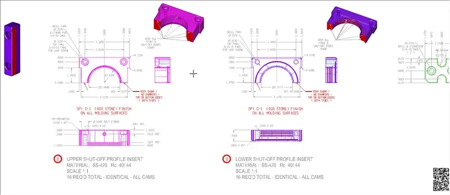 CAD drawing created in KeyCreator software showing shaded models included with mechanical drawing elements