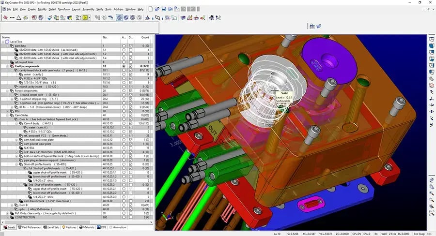 user interface of KeyCreator CAD showing a precise 3D model of an injection mold created by Basilius