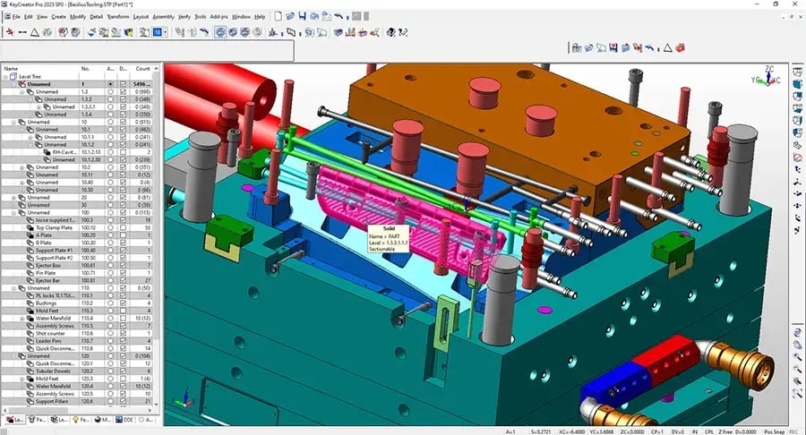 user interface of KeyCreator CAD software showing a view of a 3D model of an injection mold created by Basilius
