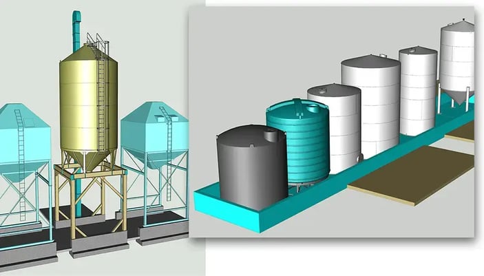 collage of CAD renderings of different ag-business storage containers designed in KeyCreator CAD by McGregor