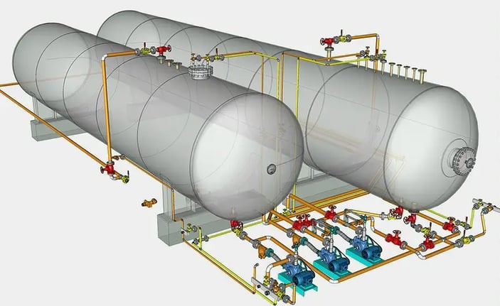 a CAD model of storage tanks and related piping and piping controls designed in KeyCreator CAD