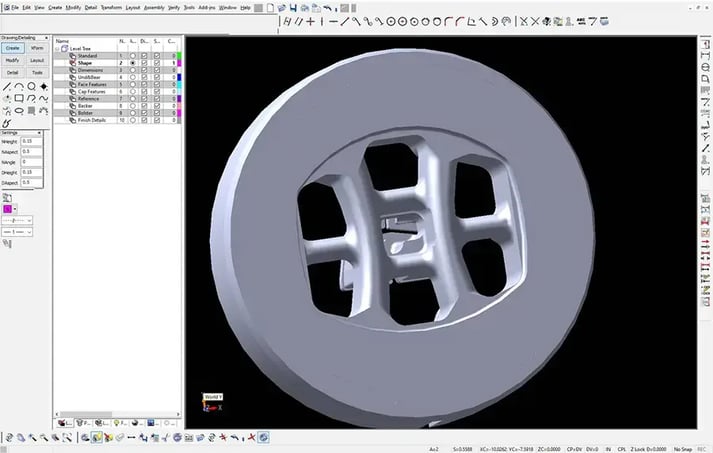 Screen capture of KeyCreator CAD software showing an extrusion die created by Southeastern Extrusion
