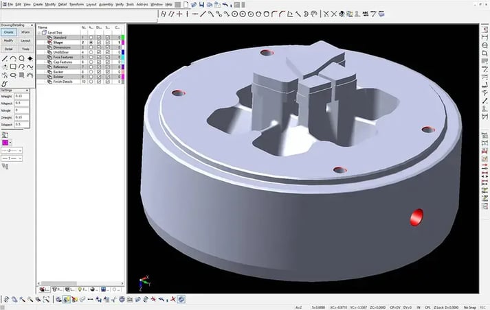 Screen capture of the KeyCreator CAD user interface showing an extrusion die created by Southeastern Extrusion