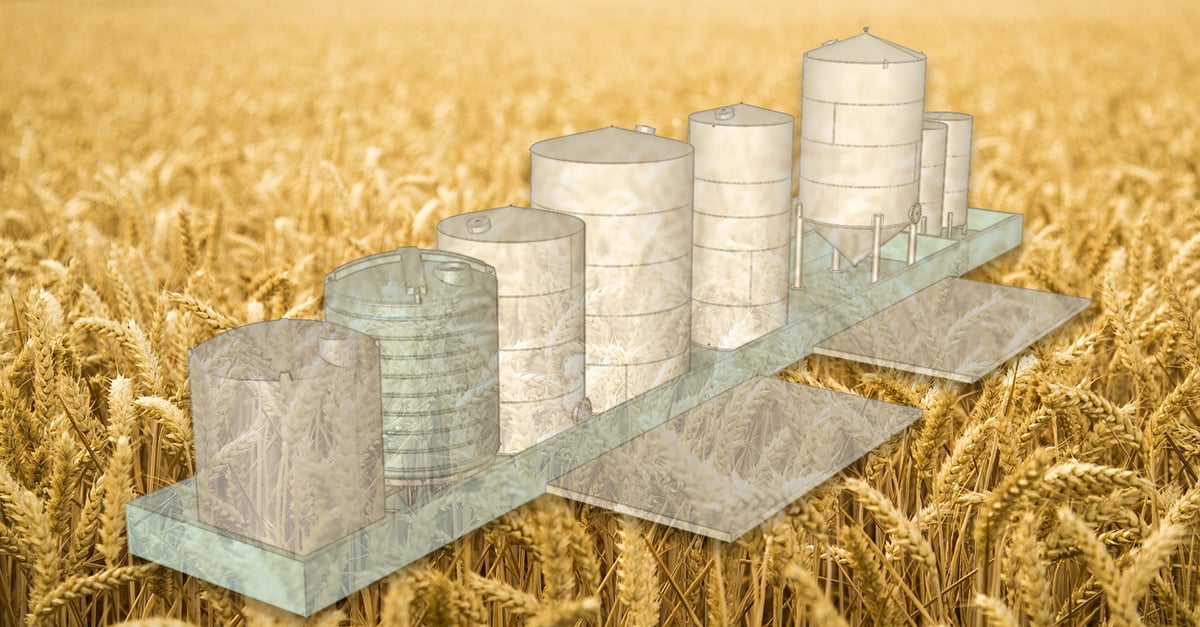 illustration showing KeyCreator models of storage facilities against field of wheat background